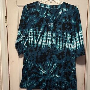 Woman Within Teal and Black Tie-Dye Long Sleeve Top